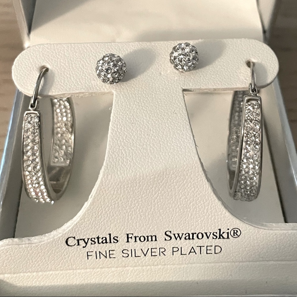 Swarovski Crystal Tear-Shaped Hoop Earrings w/Matching Studs Fine Silver Plated